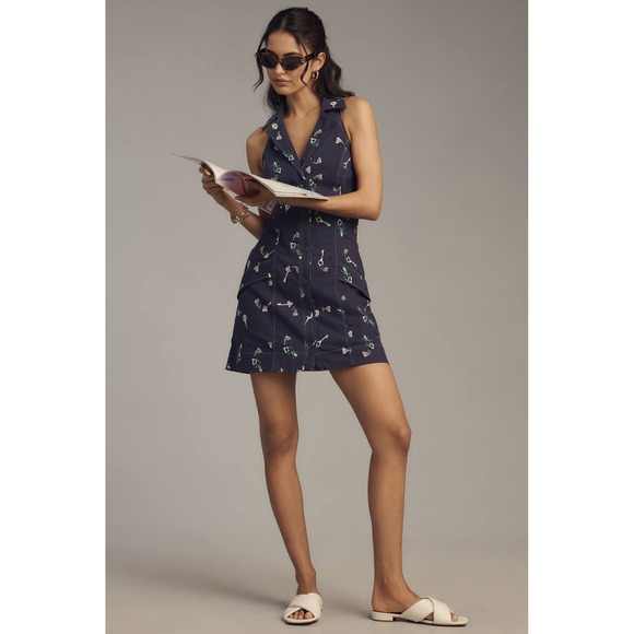 Maeve Dresses & Skirts - Maeve Anthropologie Amelia Collared Navy Blue Halter Mini Dress Large NEW! $148